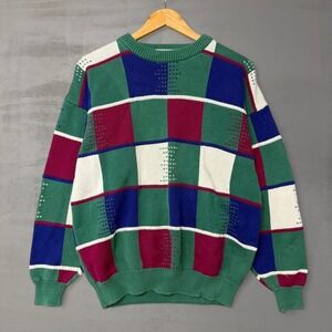 Vintage Izod Club Sweater Green Blue Multi Patchwork Retro Cotton Knit Large